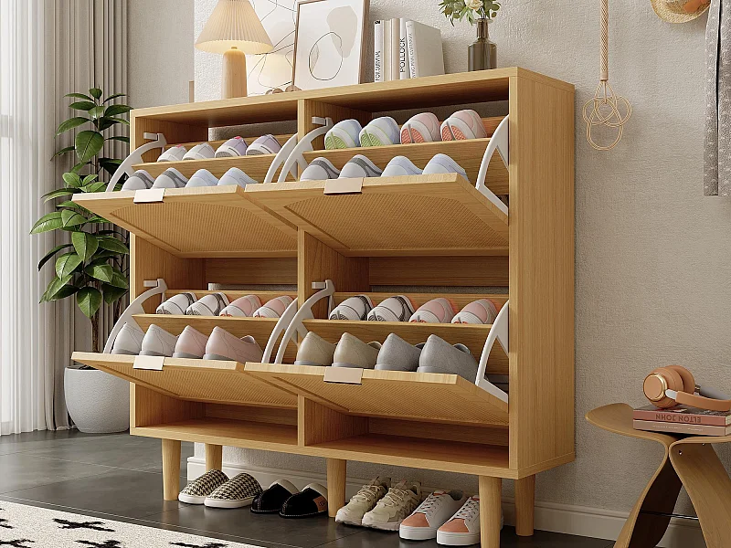 Schuhschrank aus Holz und Rattan - 4 Klapptüren - natur