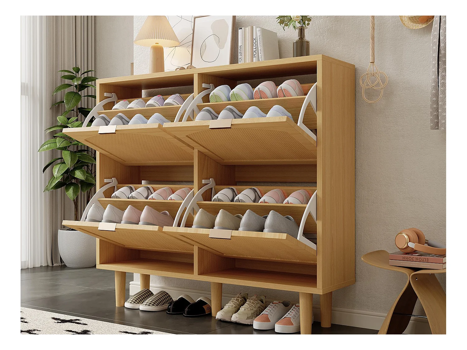 Meuble à chaussures en bois et rotin - 4 portes abattants - Naturel