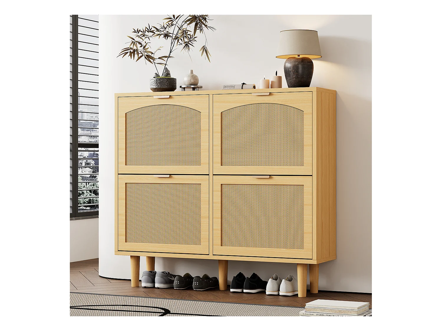 Meuble à chaussures en bois et rotin - 4 portes abattants - Naturel