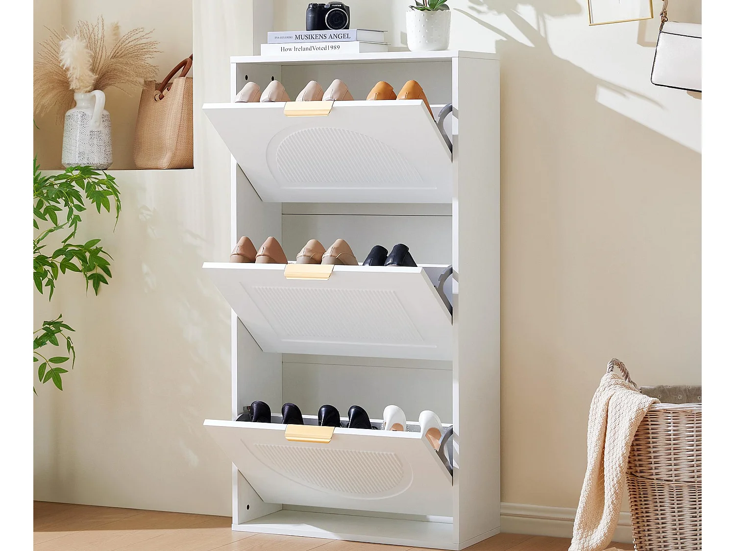 Moderne schoenenkast 60x24x114 cm - met 3 neerklapbare deuren - Wit