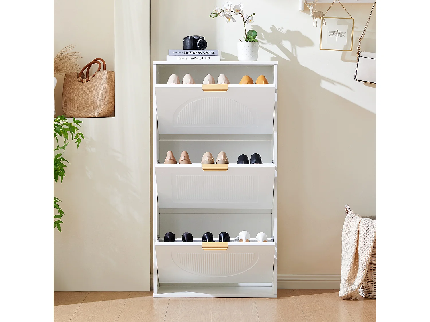 Moderne schoenenkast 60x24x114 cm - met 3 neerklapbare deuren - Wit