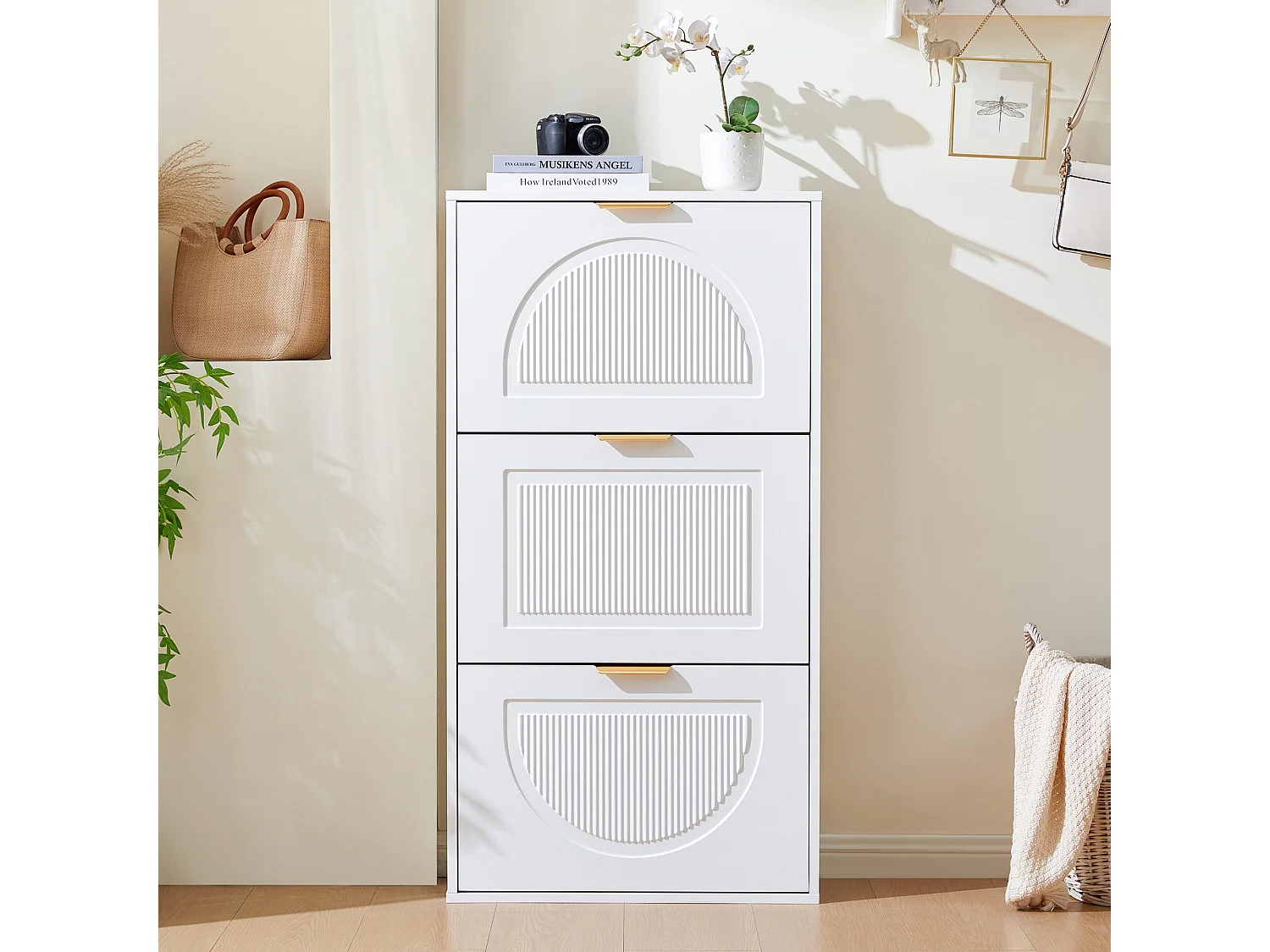 Meuble à chaussures moderne 60x24x114cm - 3 portes abattants - Blanc