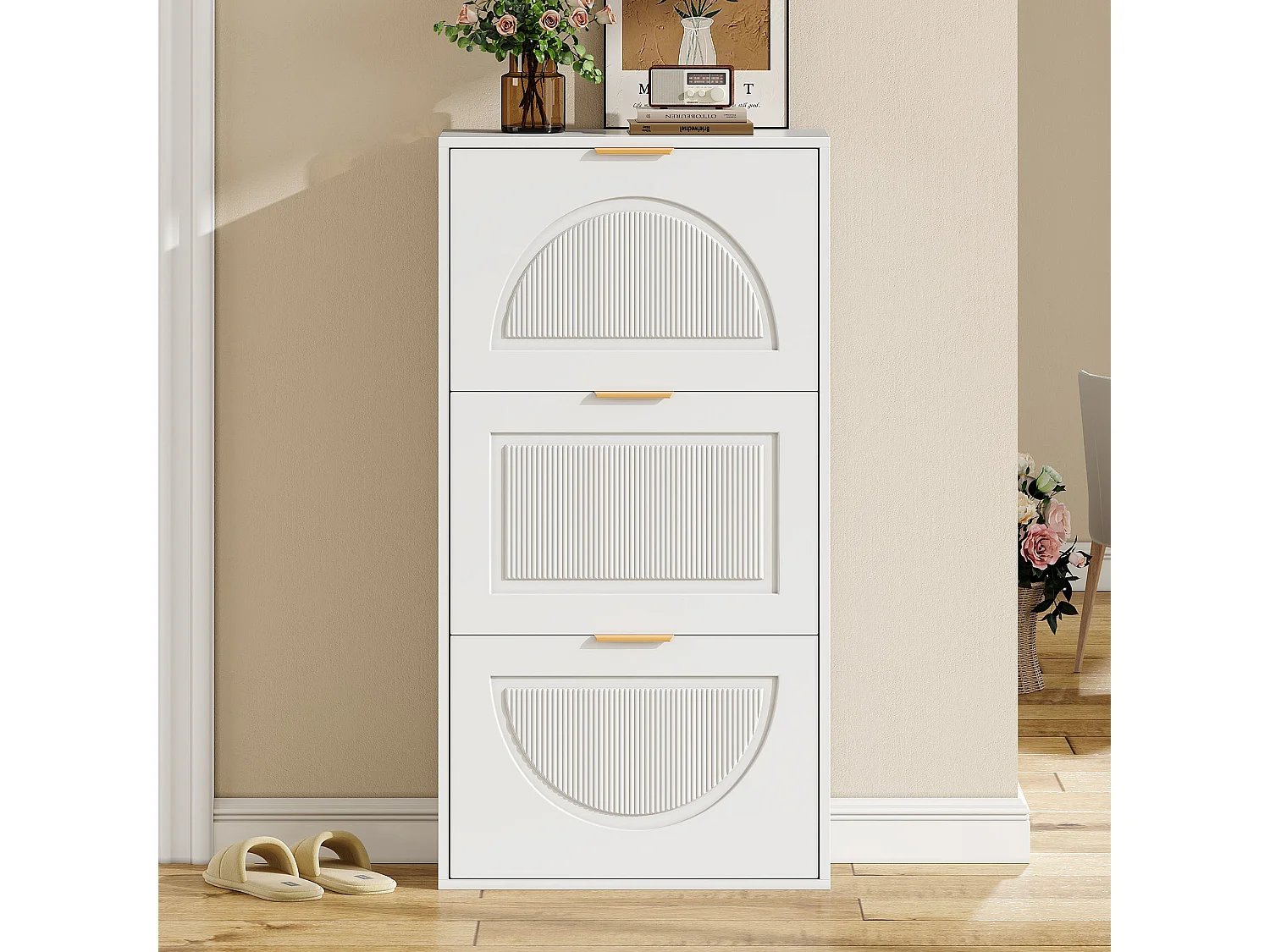 Modern Shoe Cabinet 60x24x114cm - 3 Drop-Down Doors - White