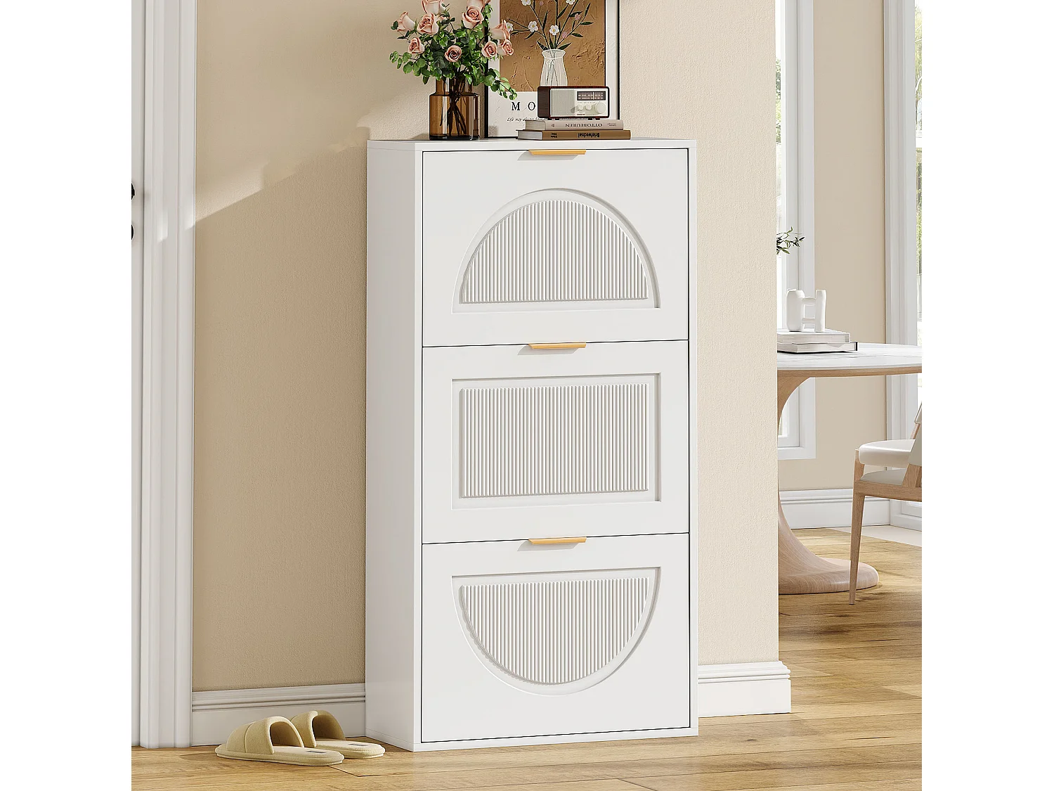 Modern Shoe Cabinet 60x24x114cm - 3 Drop-Down Doors - White