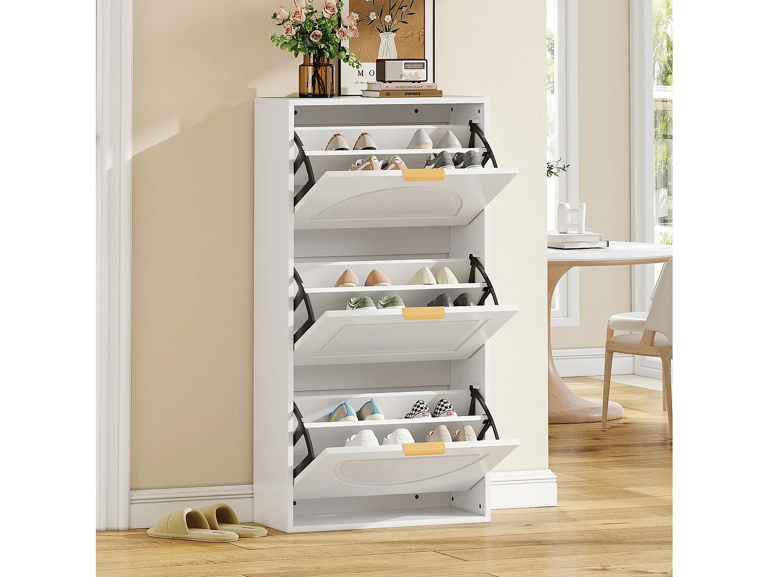 Modern Shoe Cabinet 60x24x114cm - 3 Drop-Down Doors - White