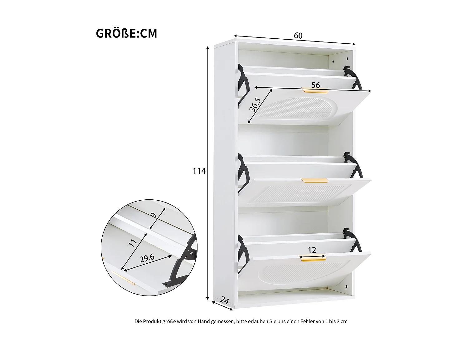 Modern Shoe Cabinet 60x24x114cm - 3 Drop-Down Doors - White