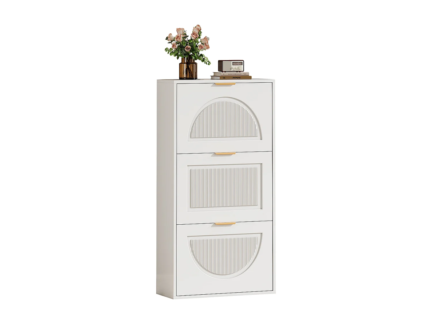 Modern Shoe Cabinet 60x24x114cm - 3 Drop-Down Doors - White