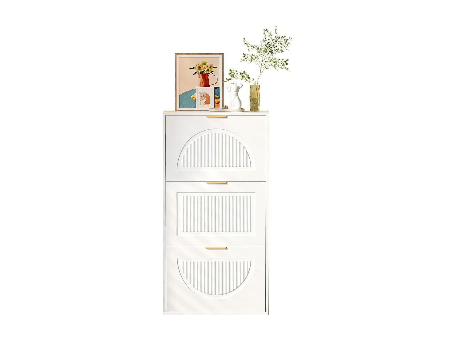 Modern Shoe Cabinet 60x24x114cm - 3 Drop-Down Doors - White