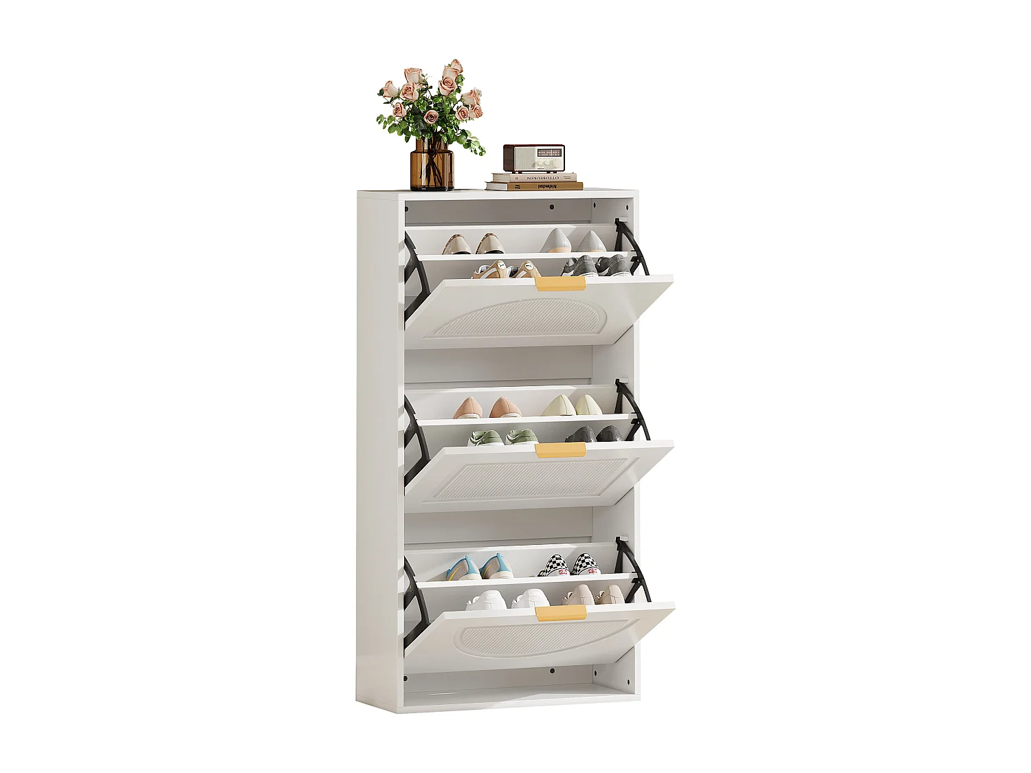 Modern Shoe Cabinet 60x24x114cm - 3 Drop-Down Doors - White