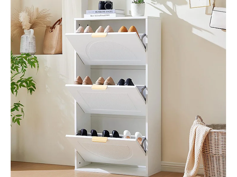 Moderner Schuhschrank 60x24x114 cm - mit 3 Klapptüren - Weiß