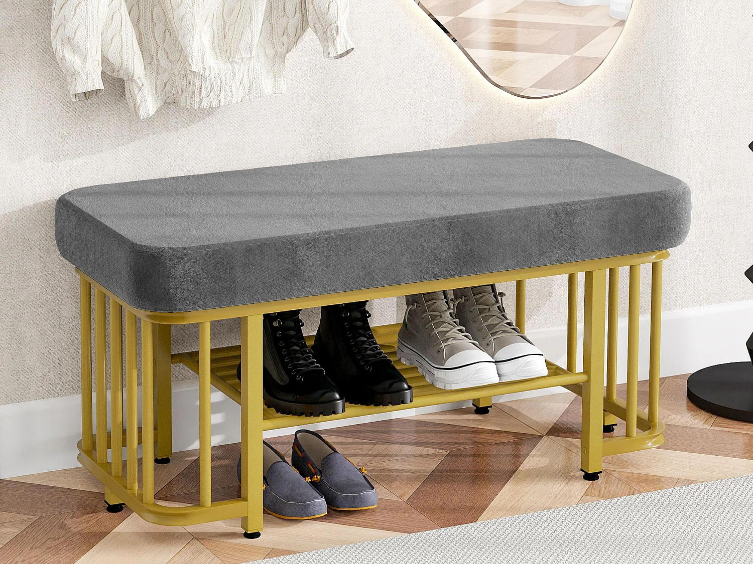 Meuble à chaussures 80x35x39.5cm - avec des étagères ouvertes - Gris+Doré