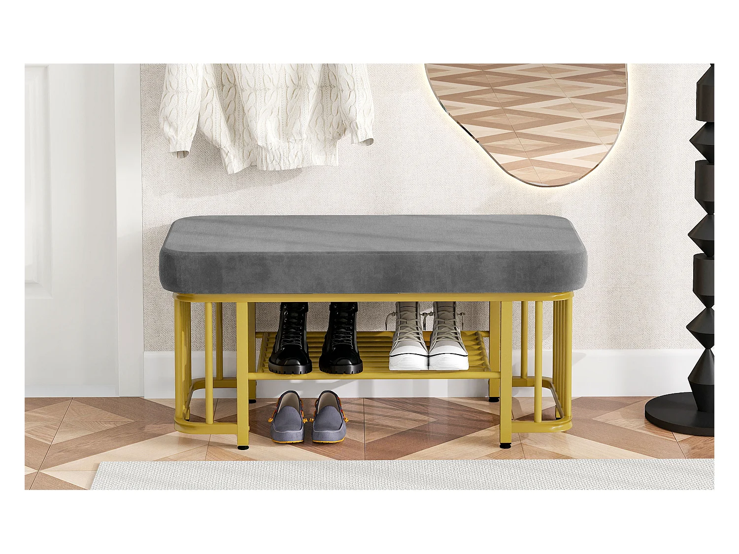 Meuble à chaussures 80x35x39.5cm - avec des étagères ouvertes - Gris+Doré