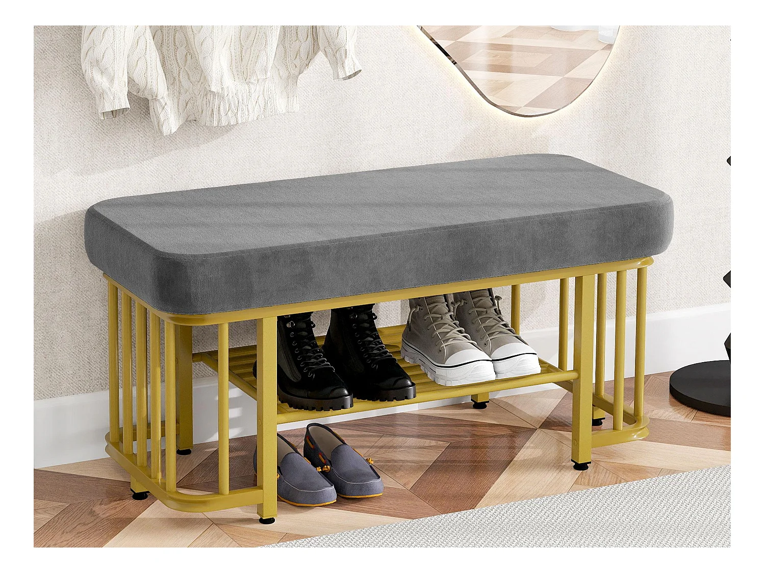 Meuble à chaussures 80x35x39.5cm - avec des étagères ouvertes - Gris+Doré
