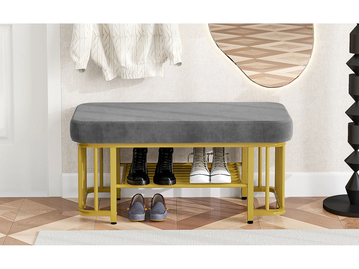 Meuble à chaussures 80x35x39.5cm - avec des étagères ouvertes - Gris+Doré