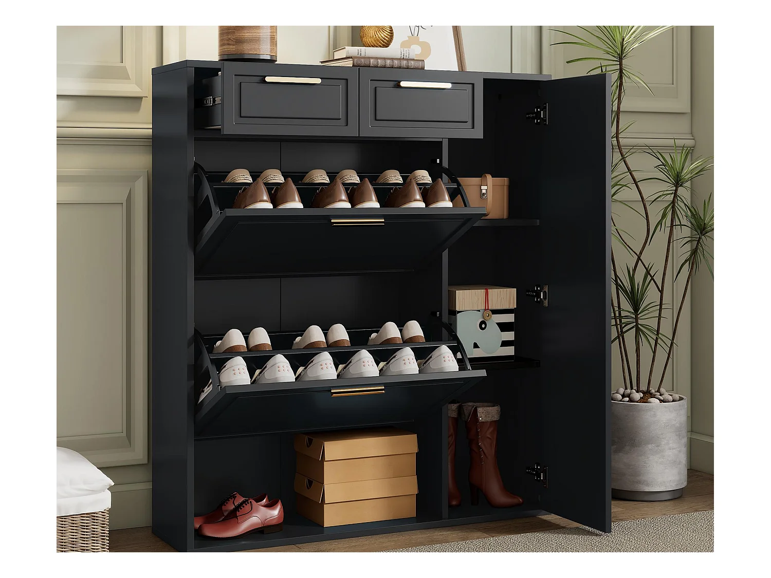 Moderner Schuhschrank 95×24×107 cm - 1 Tür & 2 Schubladen - 2 Faltüren - schwarz