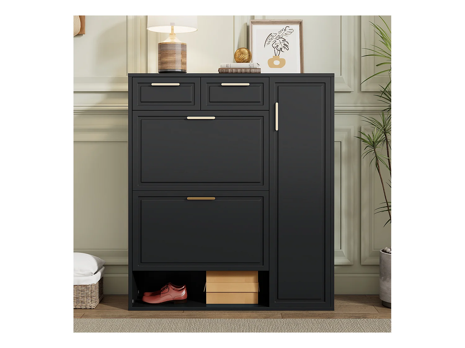 Moderner Schuhschrank 95×24×107 cm - 1 Tür & 2 Schubladen - 2 Faltüren - schwarz