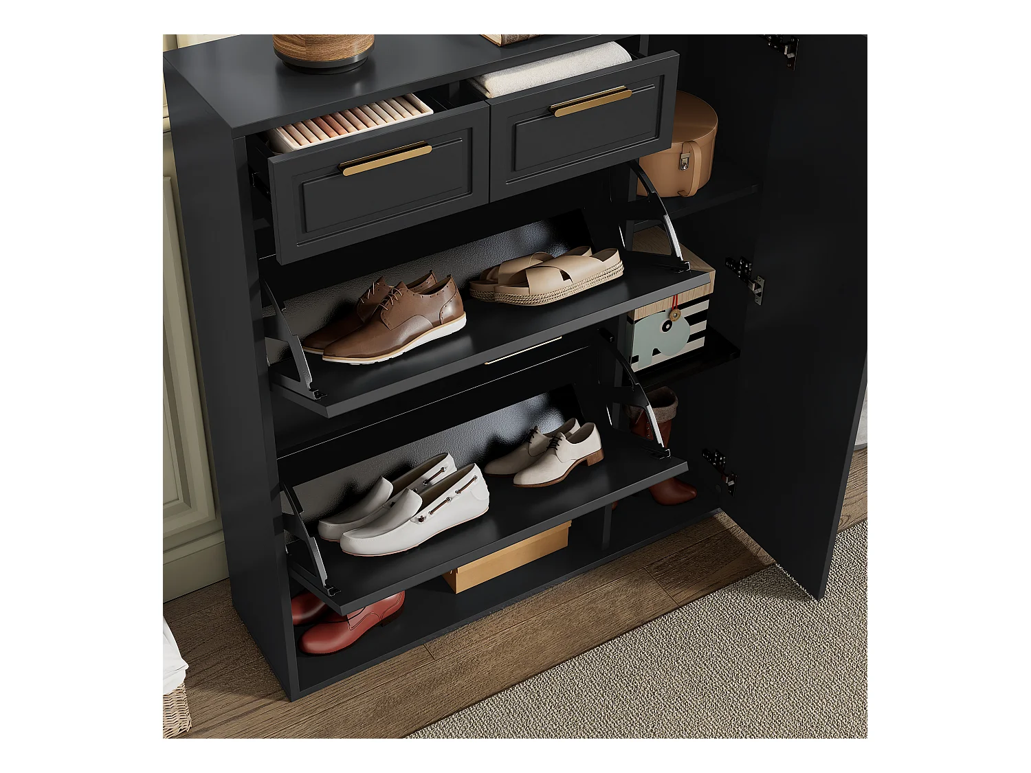 Moderner Schuhschrank 95×24×107 cm - 1 Tür & 2 Schubladen - 2 Faltüren - schwarz