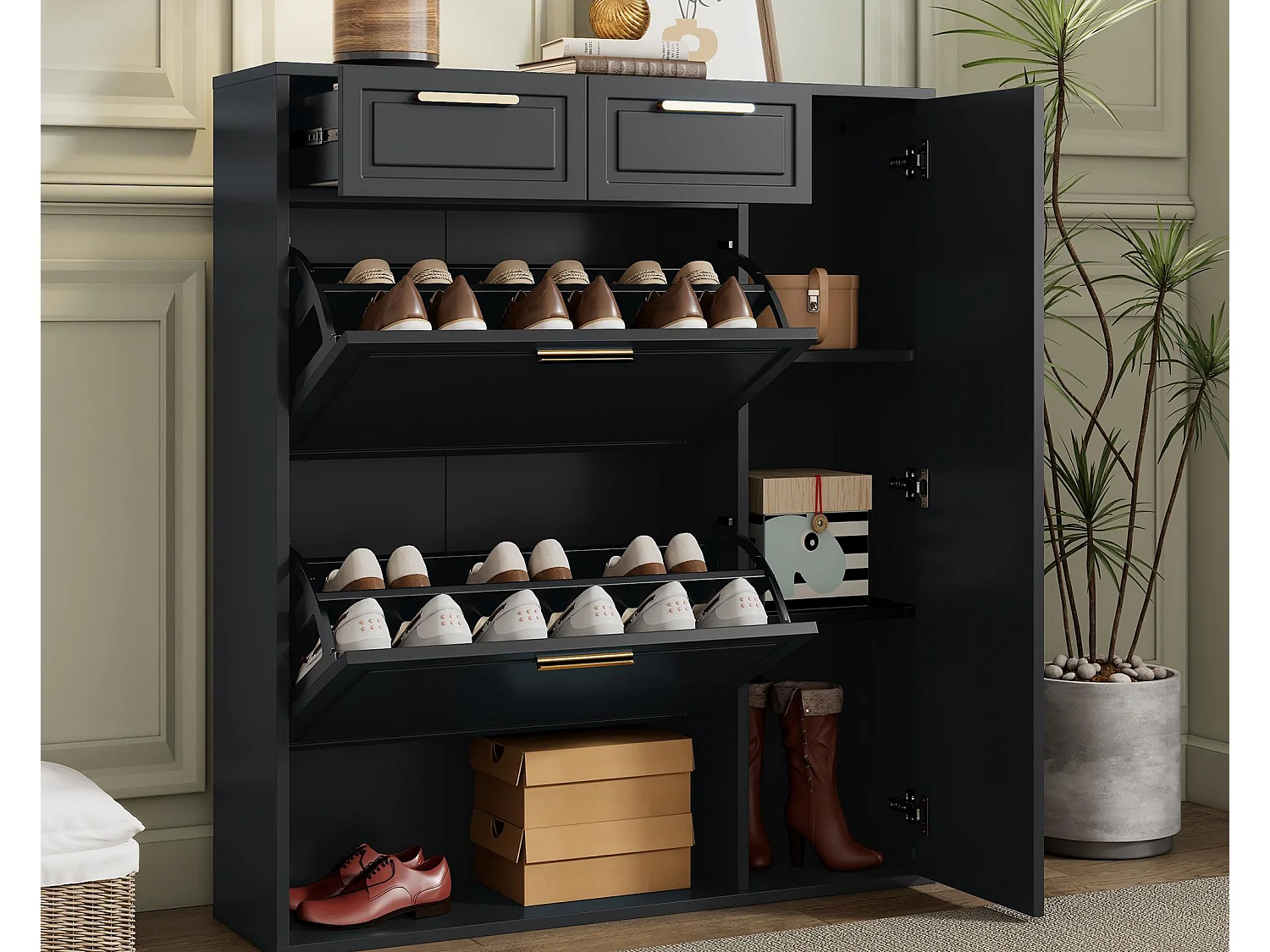 Moderner Schuhschrank 95×24×107 cm - 1 Tür & 2 Schubladen - 2 Faltüren - schwarz