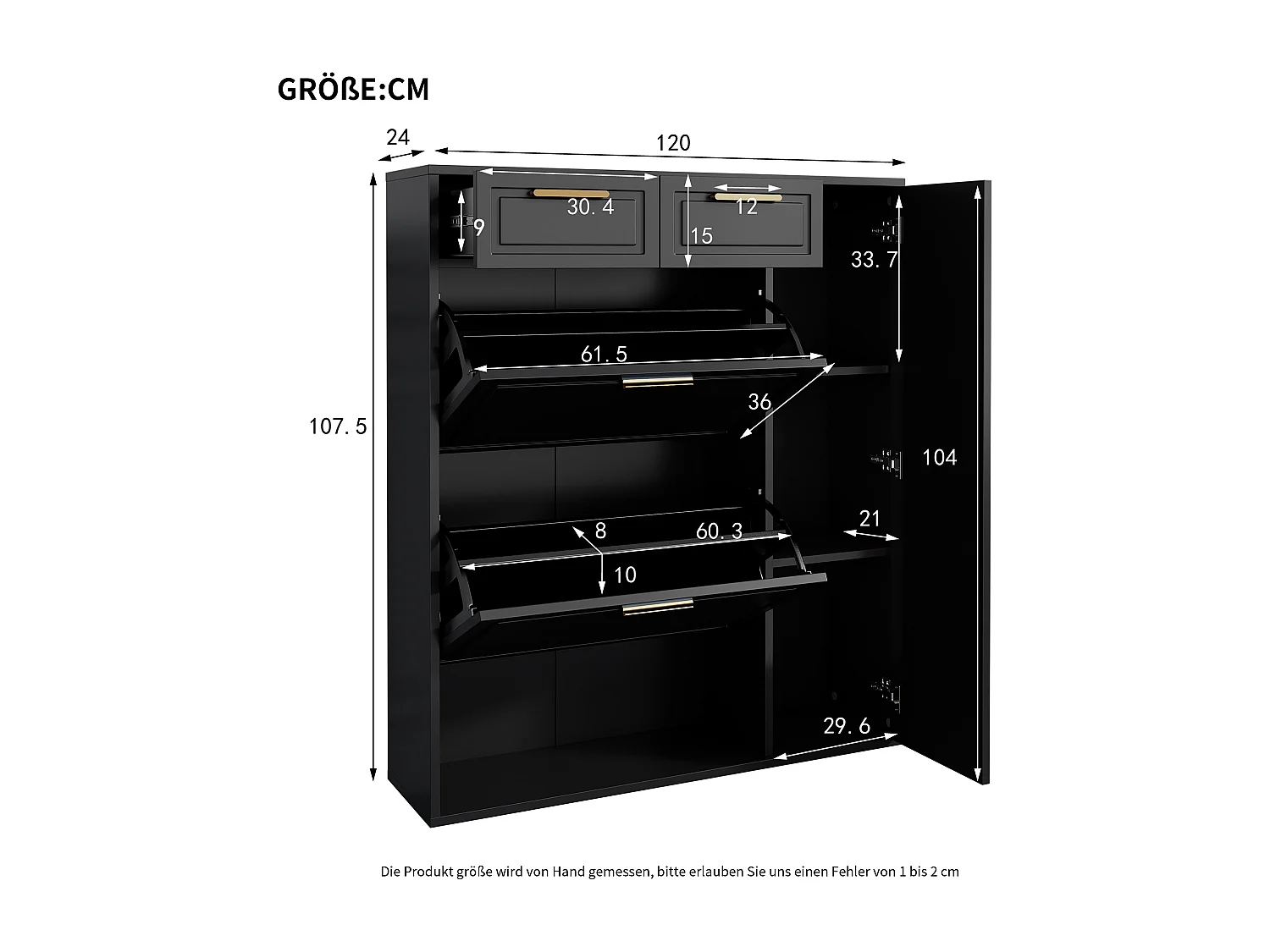Moderner Schuhschrank 95×24×107 cm - 1 Tür & 2 Schubladen - 2 Faltüren - schwarz