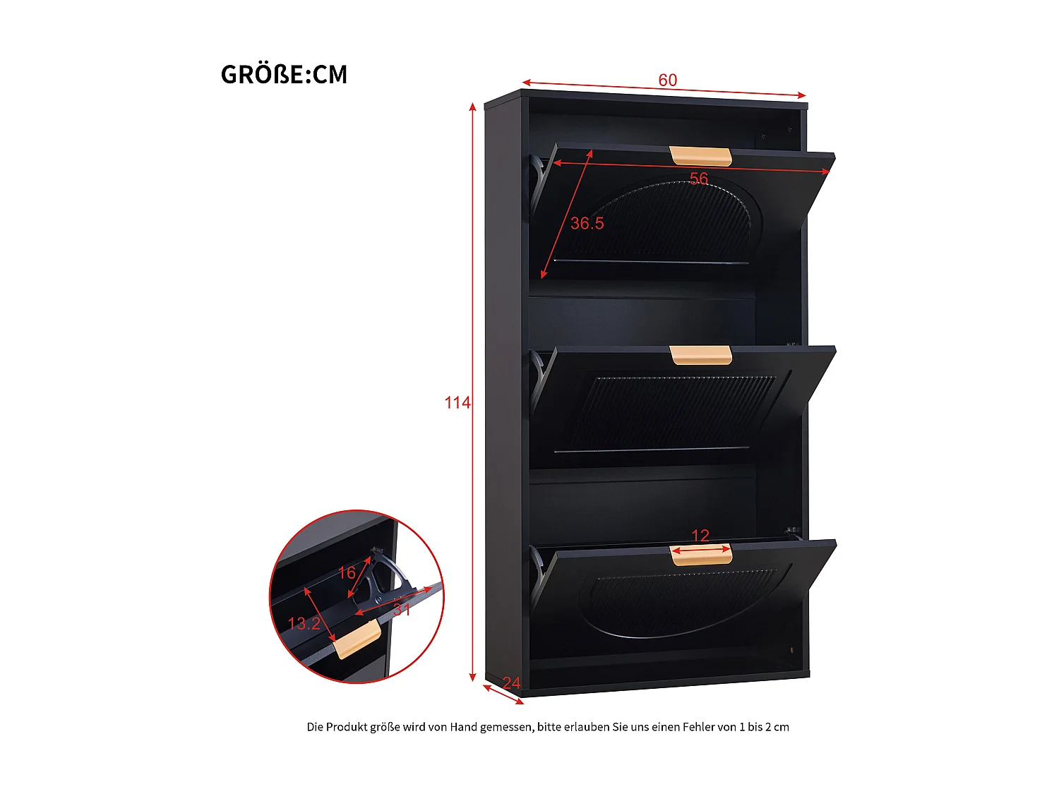 Moderne schoenenkast 60x24x114 cm - met 3 neerklapbare deuren - Zwart