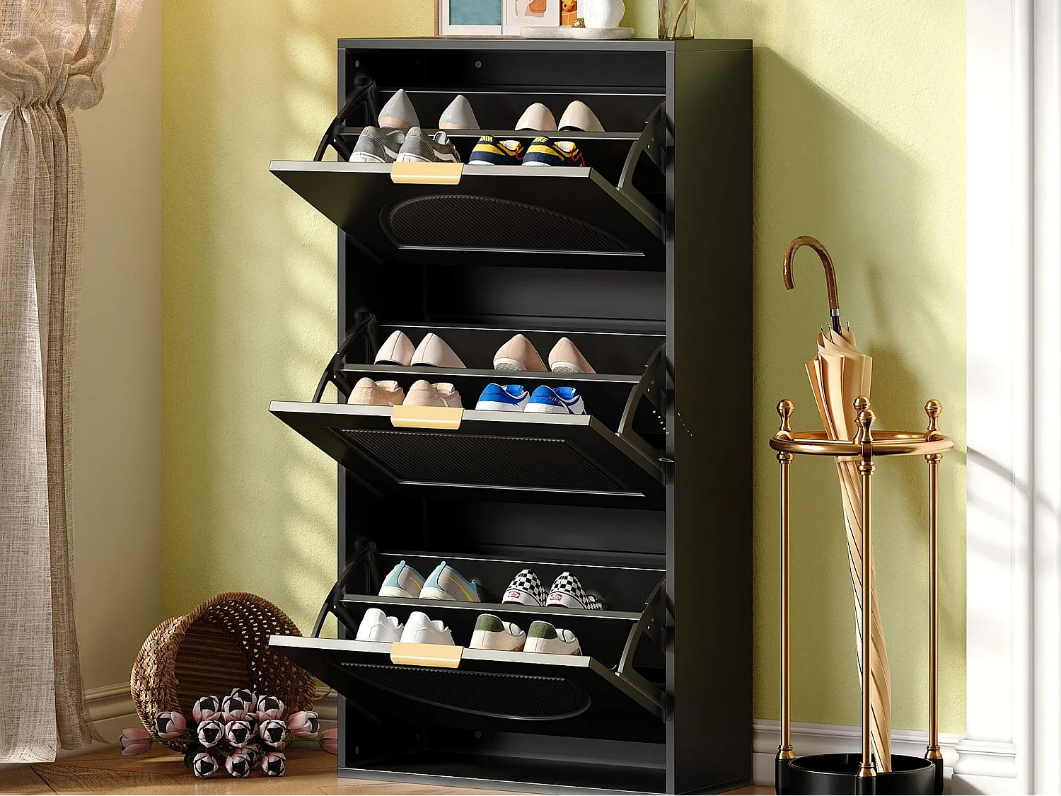Modern Shoe Cabinet 60x24x114cm - 3 Drop-Down Doors - Black