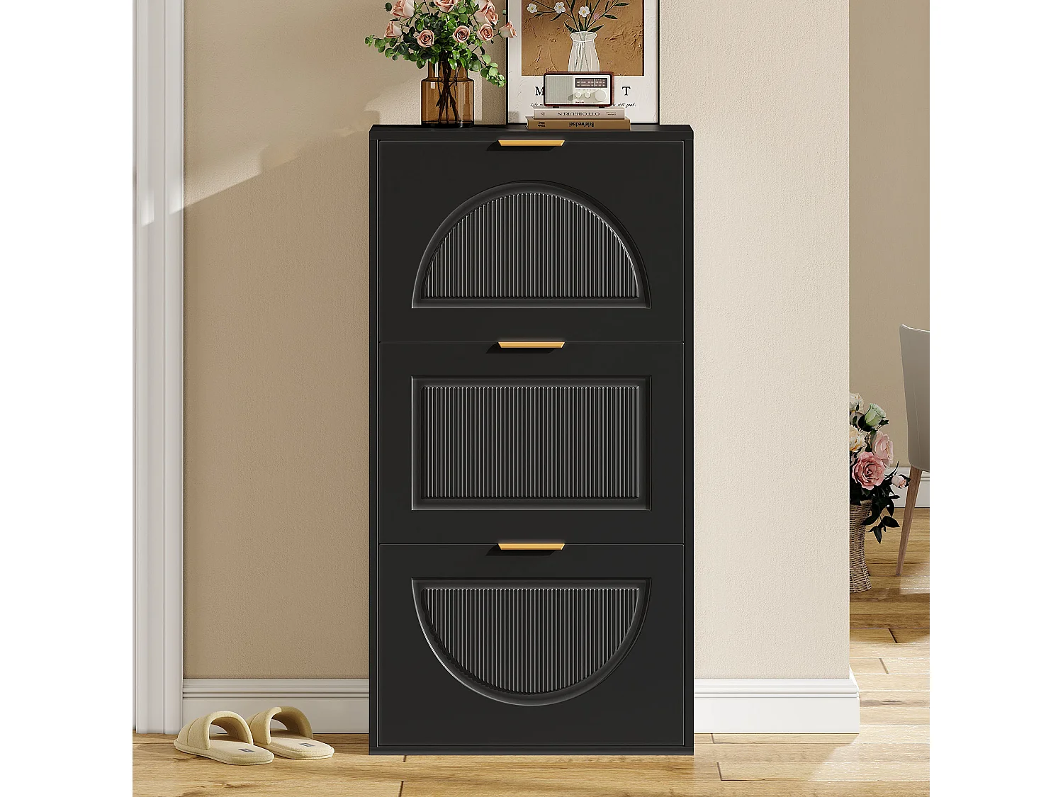 Modern Shoe Cabinet 60x24x114cm - 3 Drop-Down Doors - Black