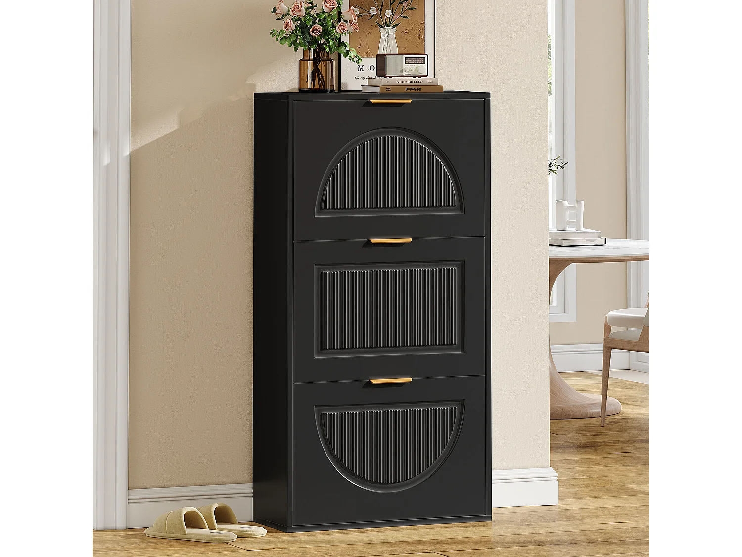 Modern Shoe Cabinet 60x24x114cm - 3 Drop-Down Doors - Black
