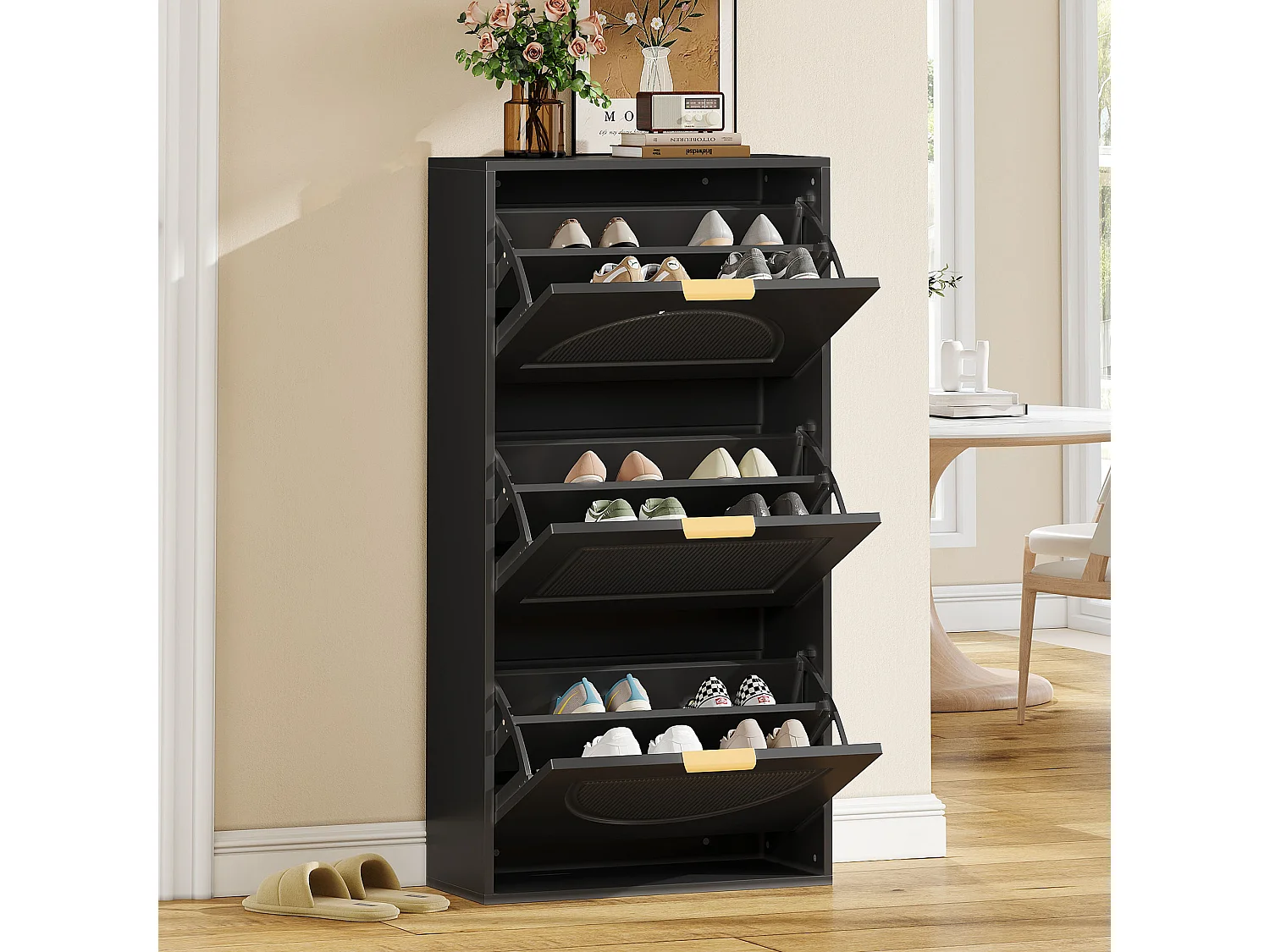 Modern Shoe Cabinet 60x24x114cm - 3 Drop-Down Doors - Black