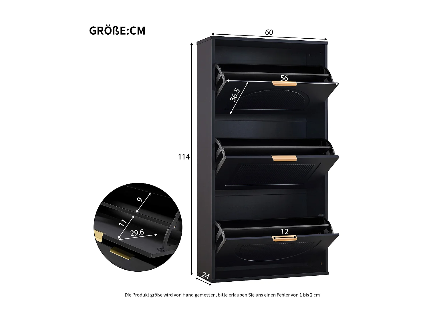 Modern Shoe Cabinet 60x24x114cm - 3 Drop-Down Doors - Black