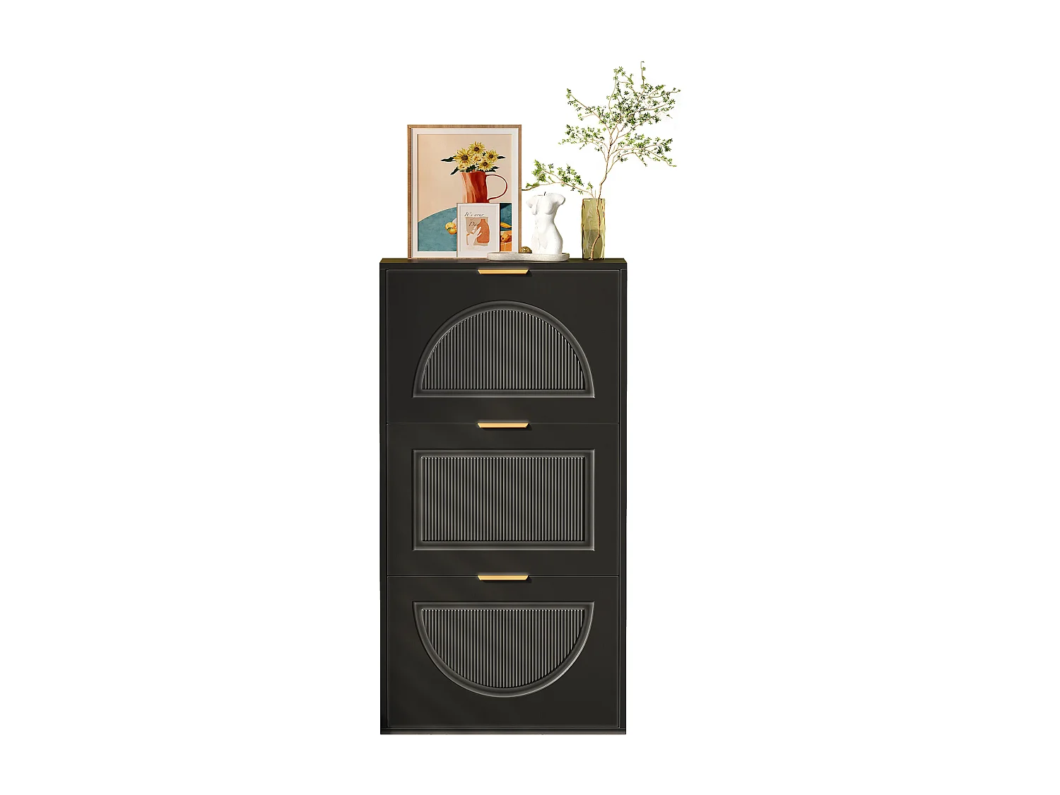 Modern Shoe Cabinet 60x24x114cm - 3 Drop-Down Doors - Black