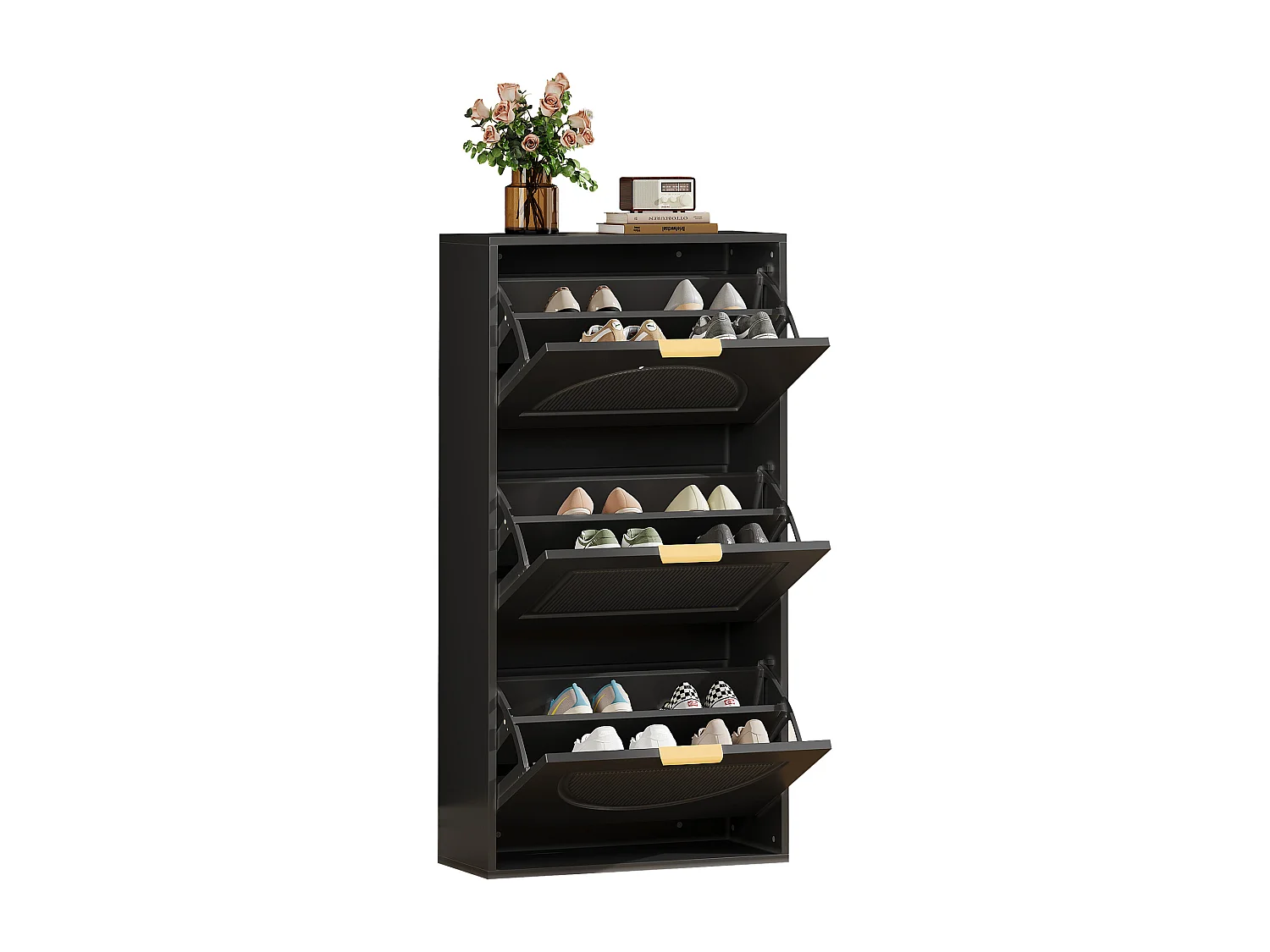 Modern Shoe Cabinet 60x24x114cm - 3 Drop-Down Doors - Black
