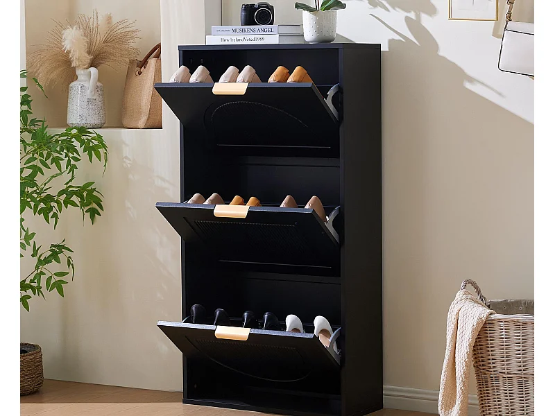 Moderne schoenenkast 60x24x114 cm - met 3 neerklapbare deuren - Zwart