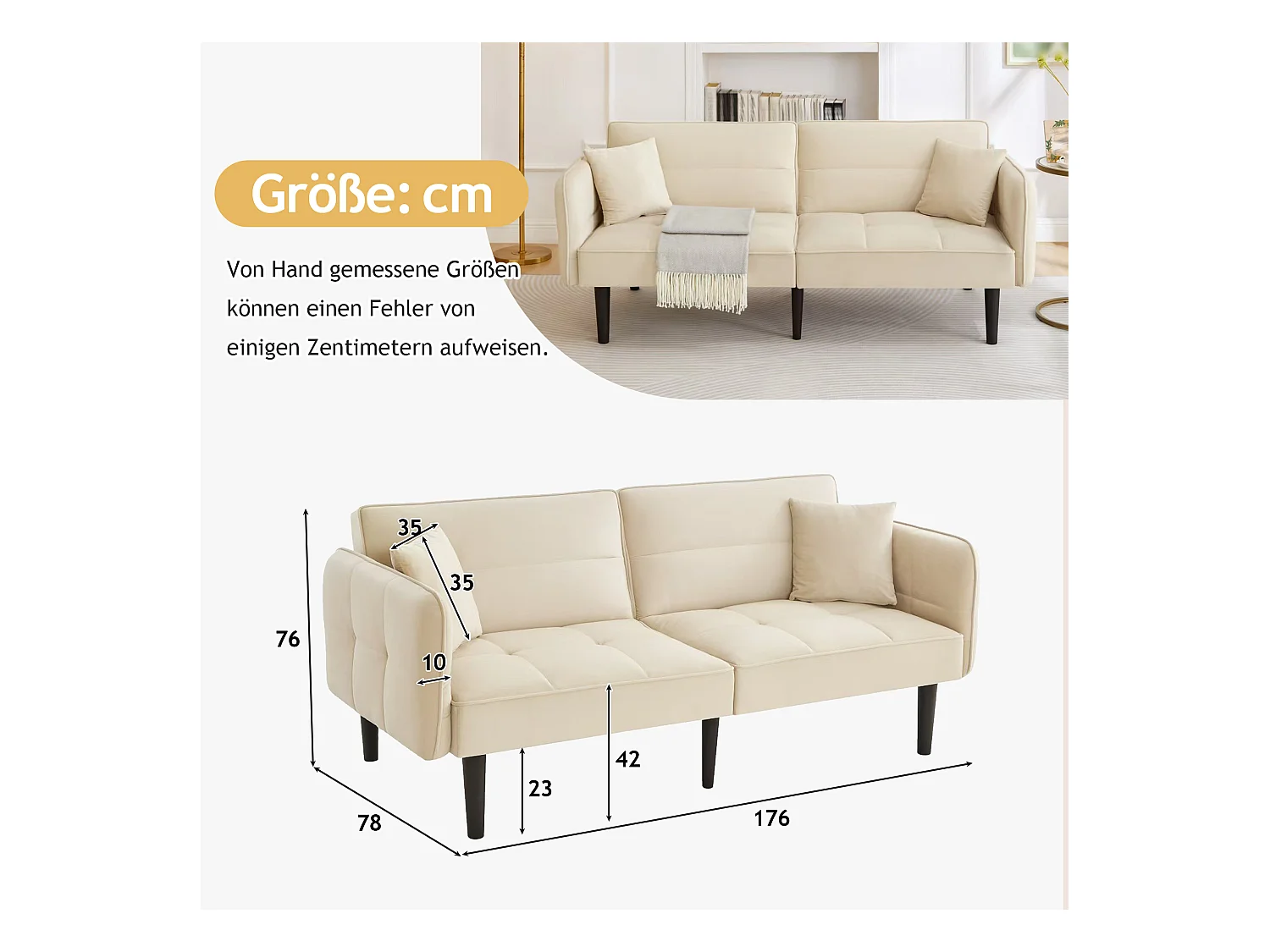 Canapé 2 en 1 réglable – 2 places – Velours – Beige