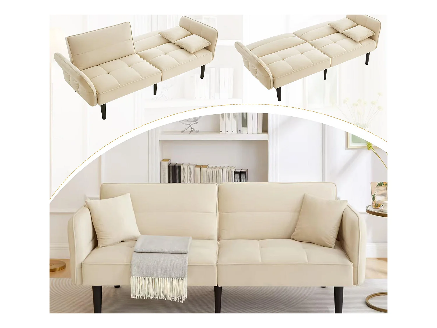 Kanapa 2 w 1 regulowana - 2-osobowa - Aksamit - Beżowy