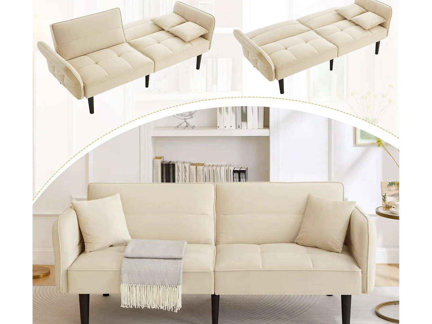 Canapé 2 en 1 réglable – 2 places – Velours – Beige