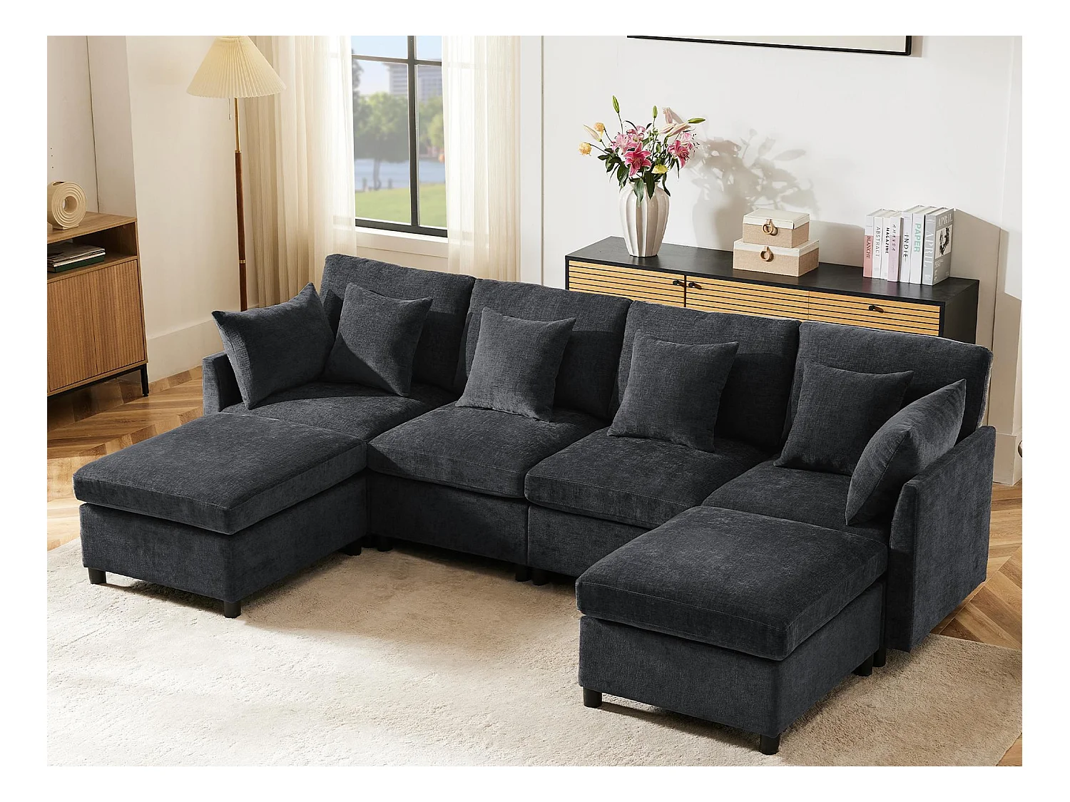 Canapé d'angle moderne en L - Avec repose-pieds amovible - 4 places - gris