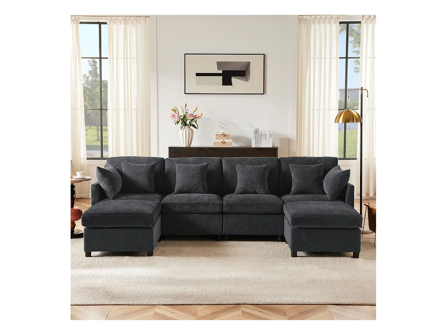 Canapé d'angle moderne en L - Avec repose-pieds amovible - 4 places - gris