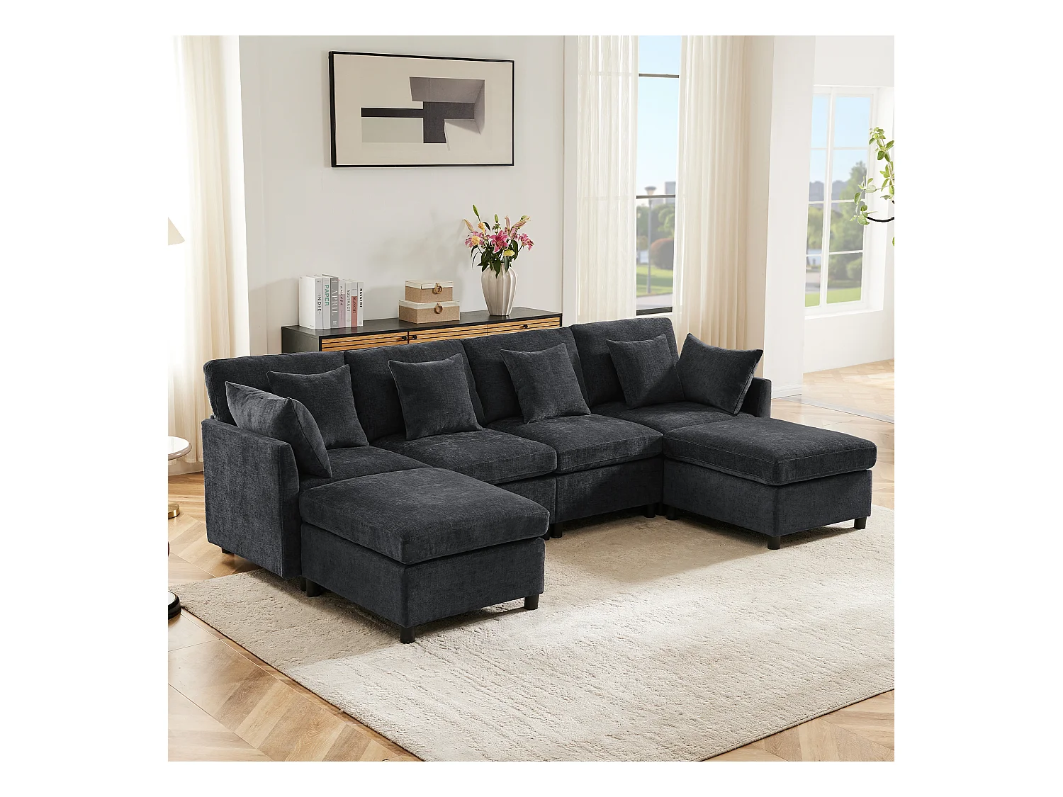 Canapé d'angle moderne en L - Avec repose-pieds amovible - 4 places - gris