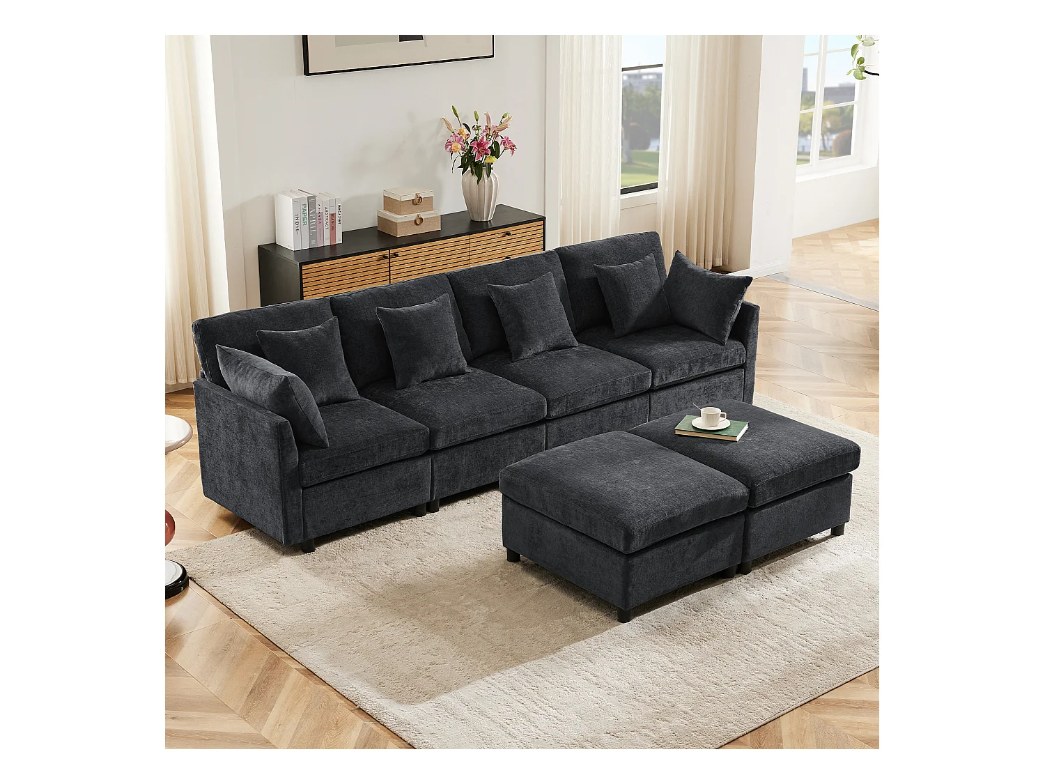 Canapé d'angle moderne en L - Avec repose-pieds amovible - 4 places - gris