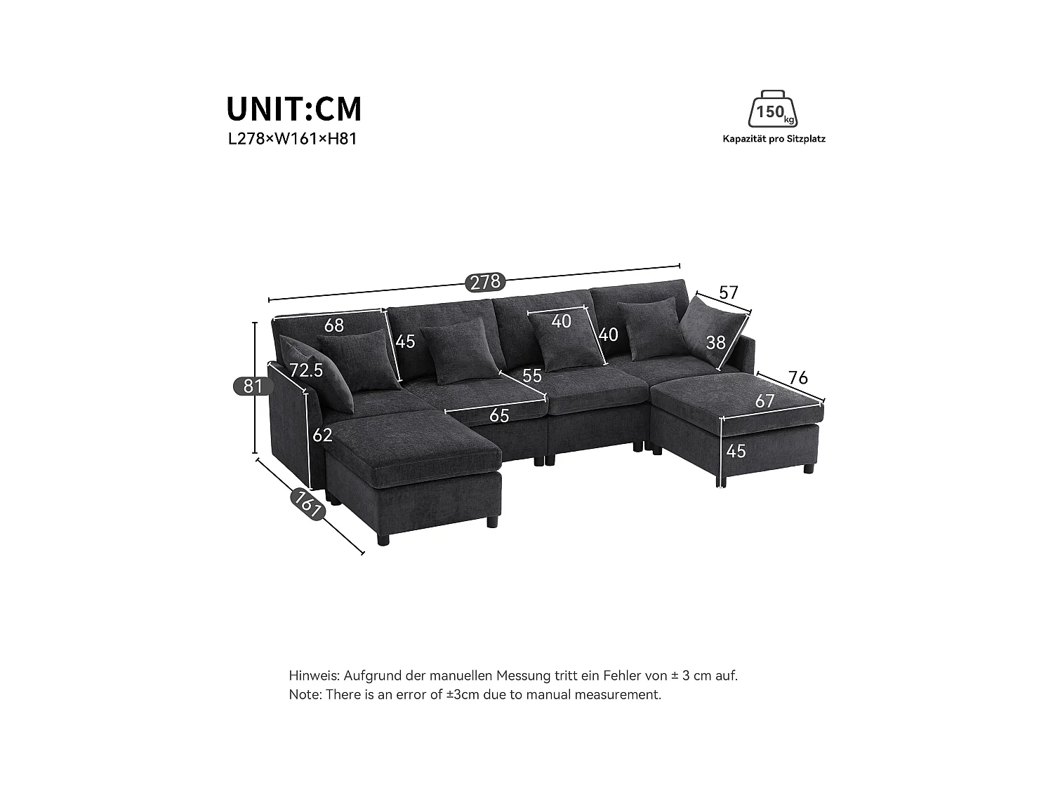 Canapé d'angle moderne en L - Avec repose-pieds amovible - 4 places - gris