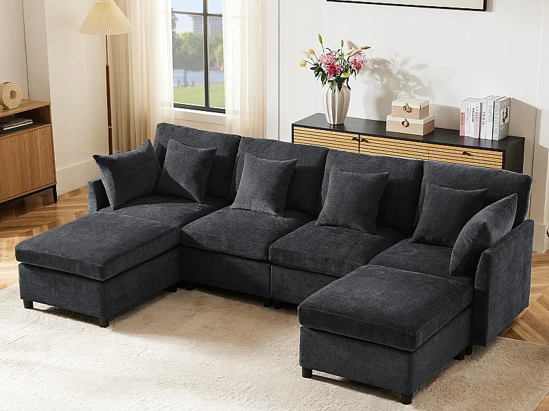 Canapé d'angle moderne en L - Avec repose-pieds amovible - 4 places - gris