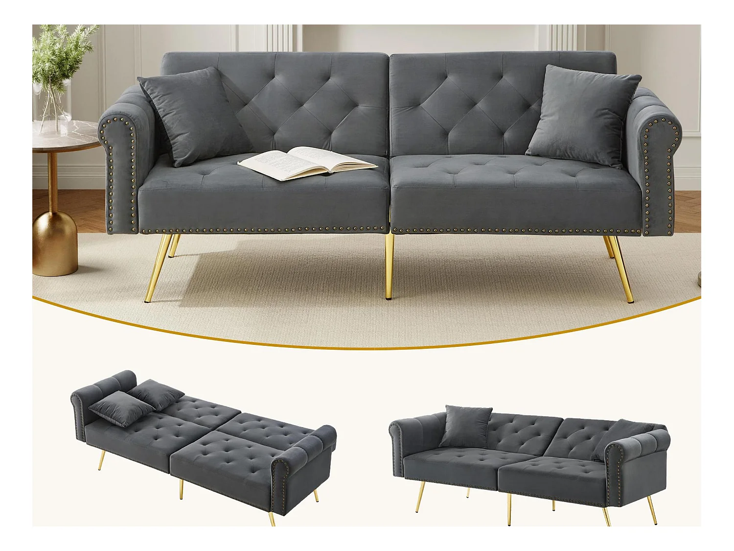 Canapé contemporain 2 places - Velours - Dossier réglable sur 3 niveaux - gris