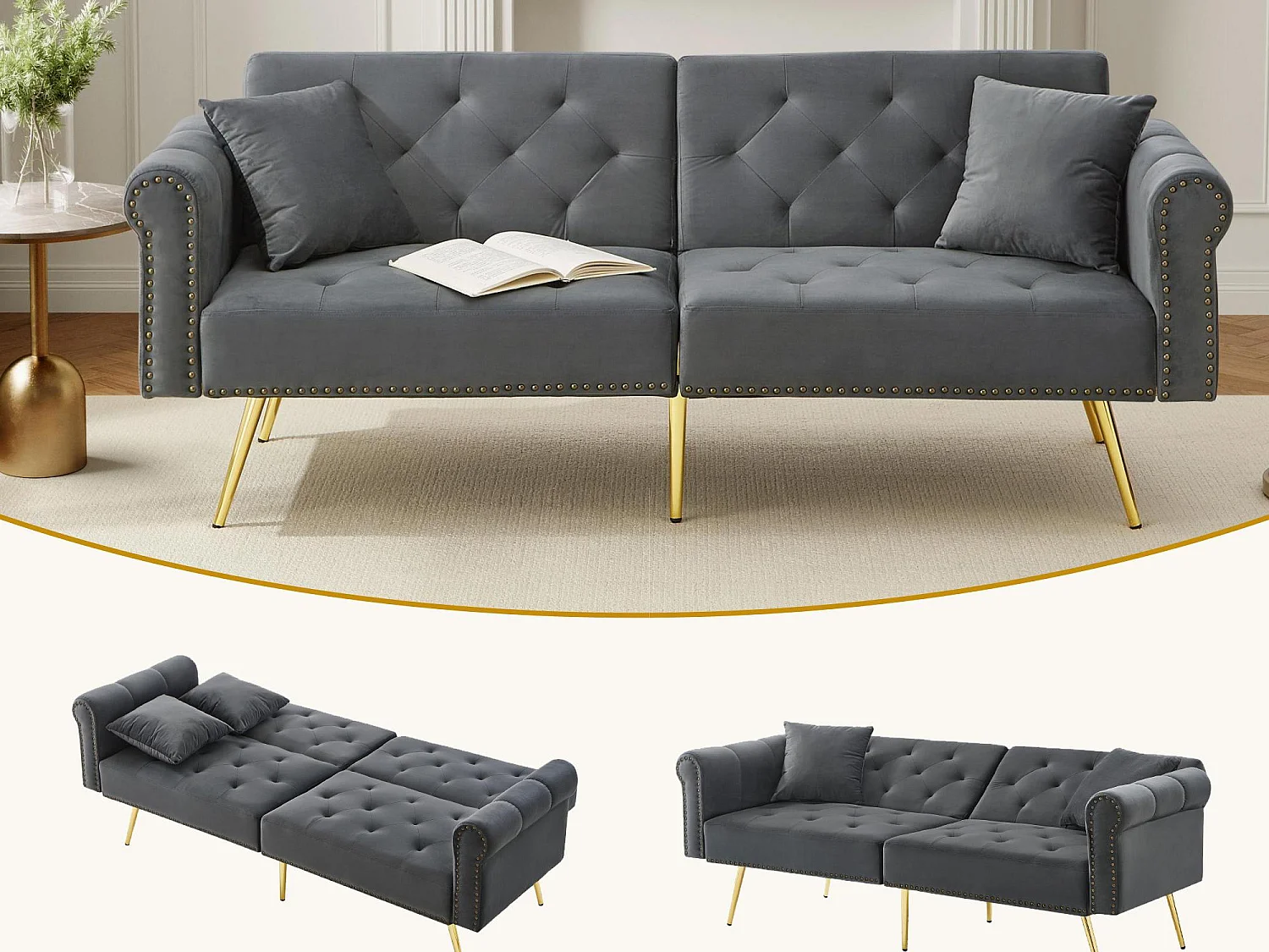 Divano contemporaneo 2 posti - Velluto - Schienale regolabile su 3 livelli - Grigio