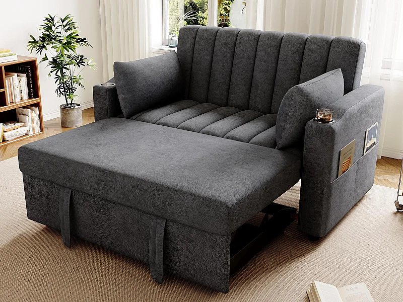 Modernes Sofa 2-Sitzer - mit Getränkehalter und Kissen - Grau