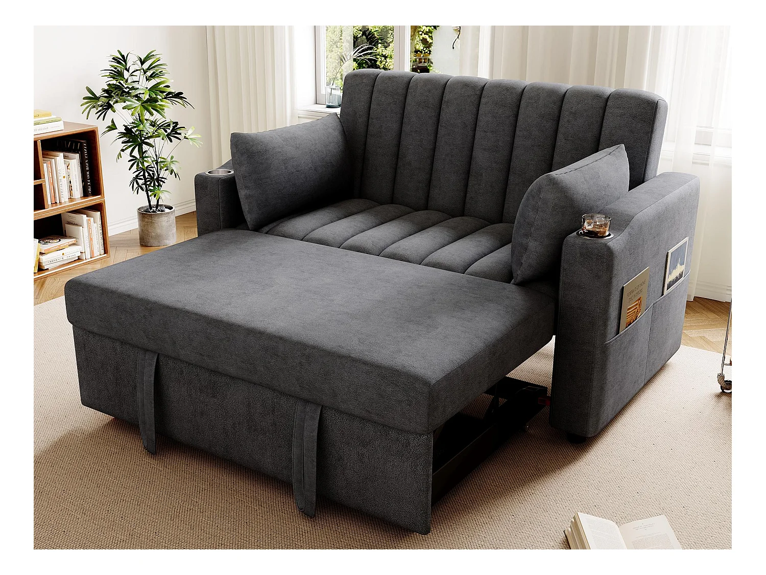 Canapé moderne 2 places - avec porte-gobelets et coussins - Gris