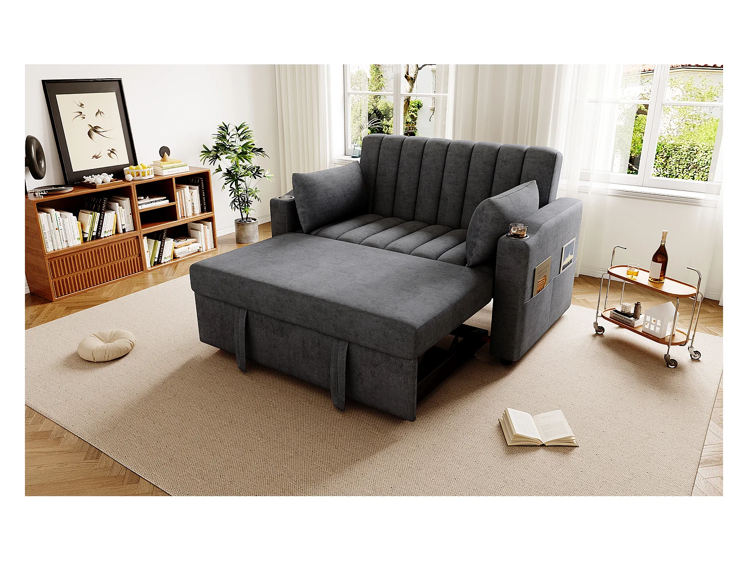 Canapé moderne 2 places - avec porte-gobelets et coussins - Gris