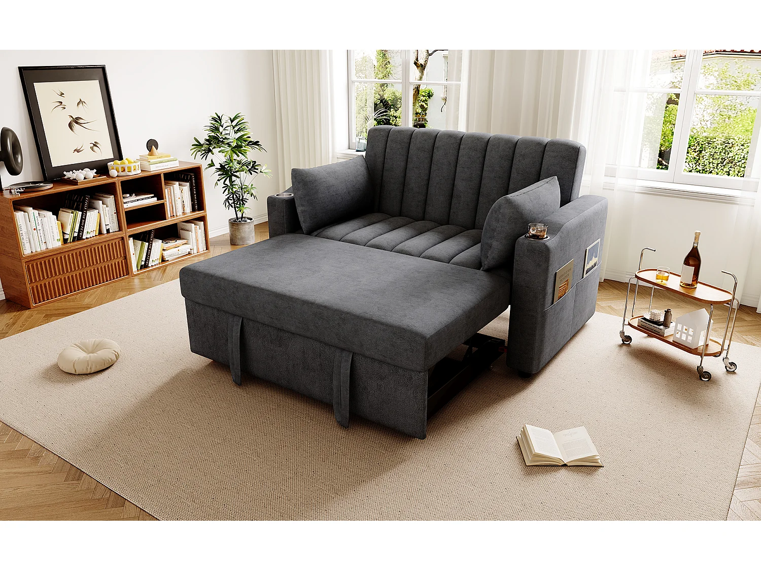 Canapé moderne 2 places - avec porte-gobelets et coussins - Gris