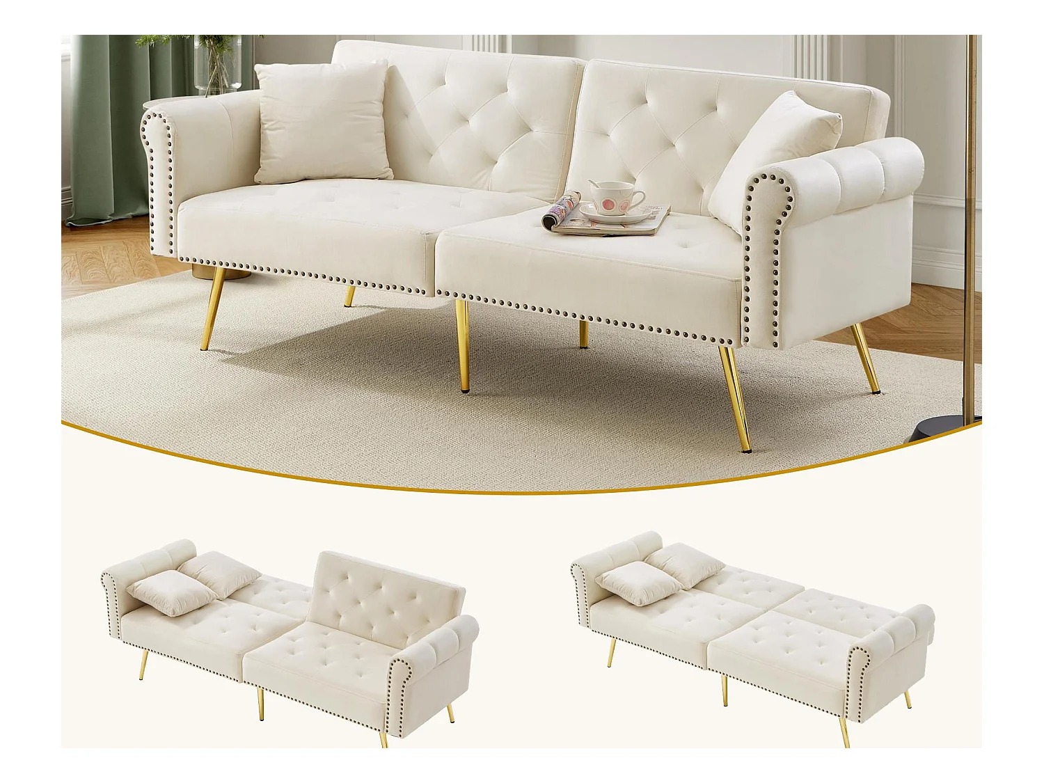 Modernes Sofa 2-Sitzer - Samt - Rückenlehne 3-fach verstellbar - Beige