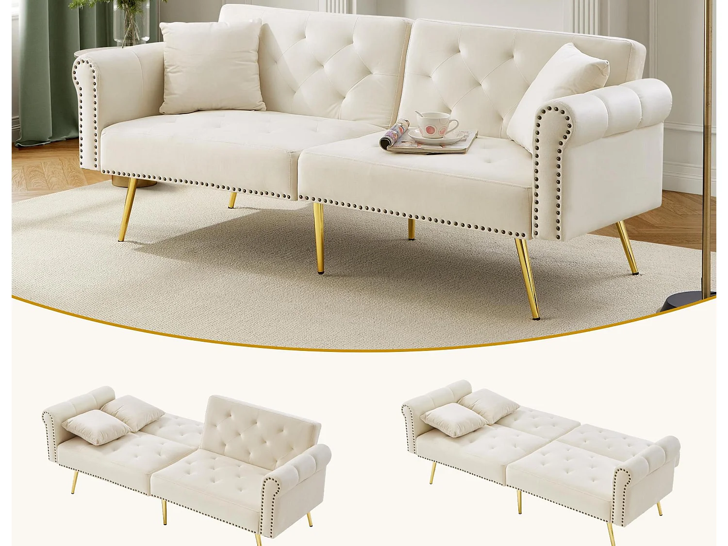 Canapé contemporain 2 places - Velours - Dossier réglable sur 3 niveaux - Beige