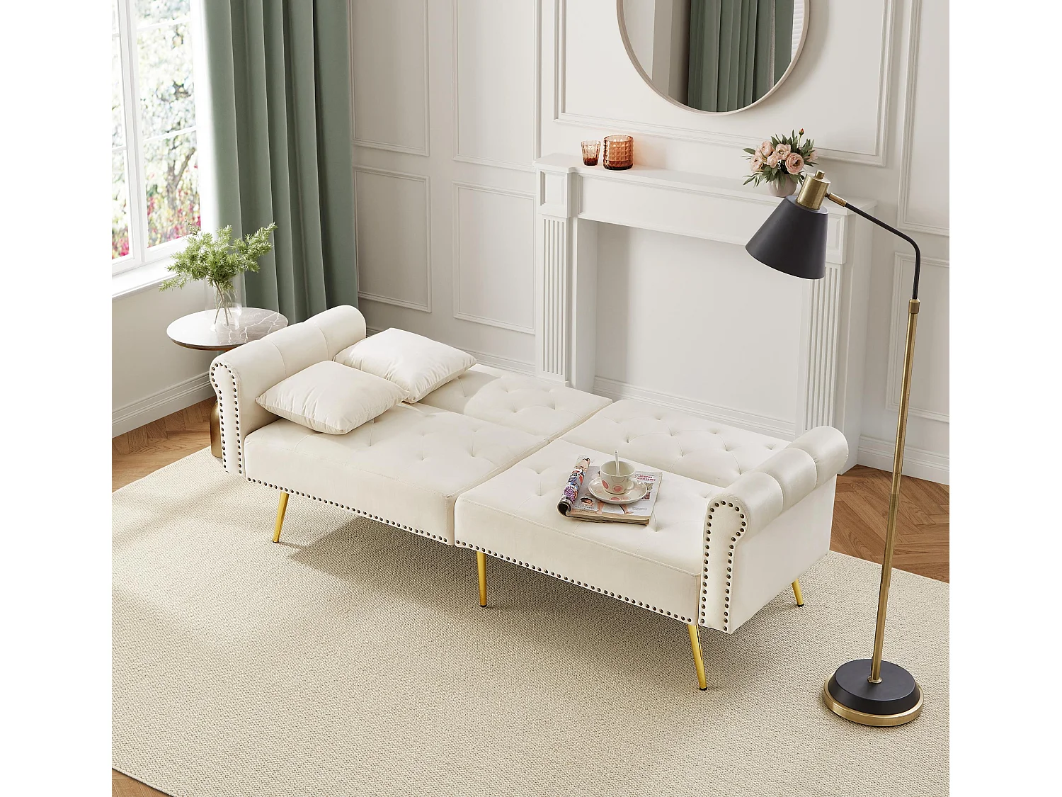 Canapé contemporain 2 places - Velours - Dossier réglable sur 3 niveaux - Beige